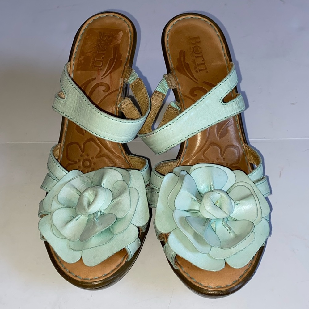 Born Light Blue-Green Leather Flower Heels Size 8/39